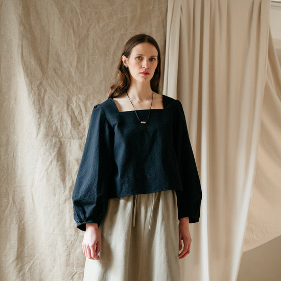 Atwin - Square Neck Blouse In Black Seersucker | Atwin Store UK