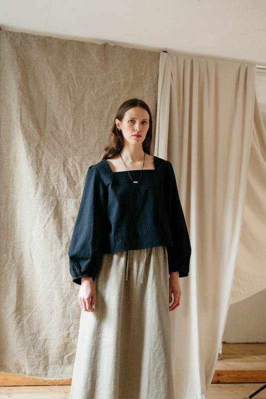 Atwin - Square Neck Blouse In Black Seersucker | Atwin Store UK