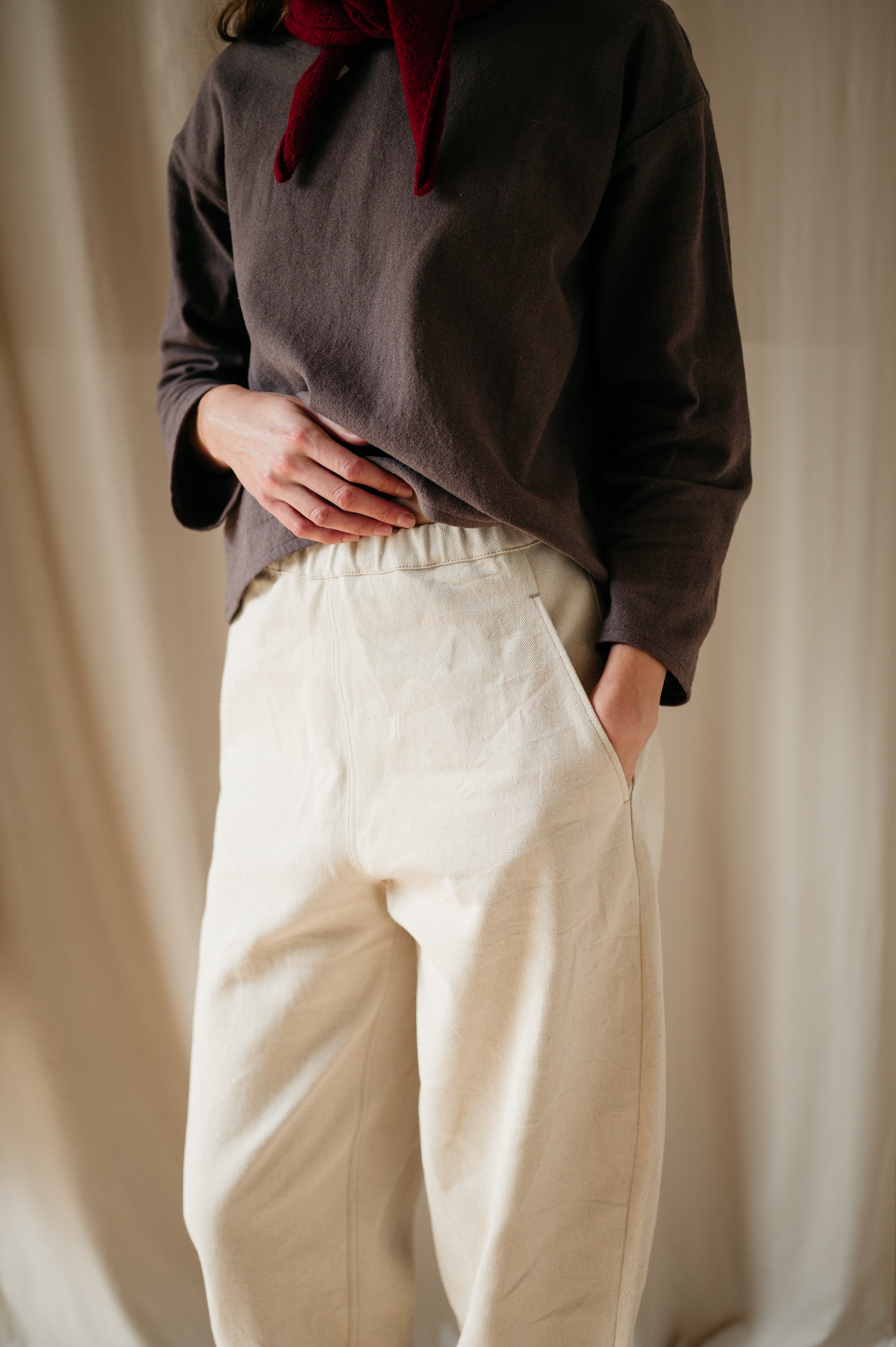 Close-up of waistband and pockets on denim trousers