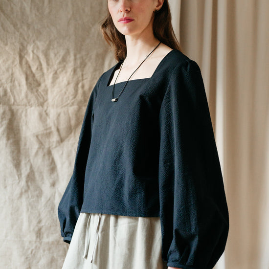 Atwin - Square Neck Blouse In Black Seersucker | Handmade clothing UK