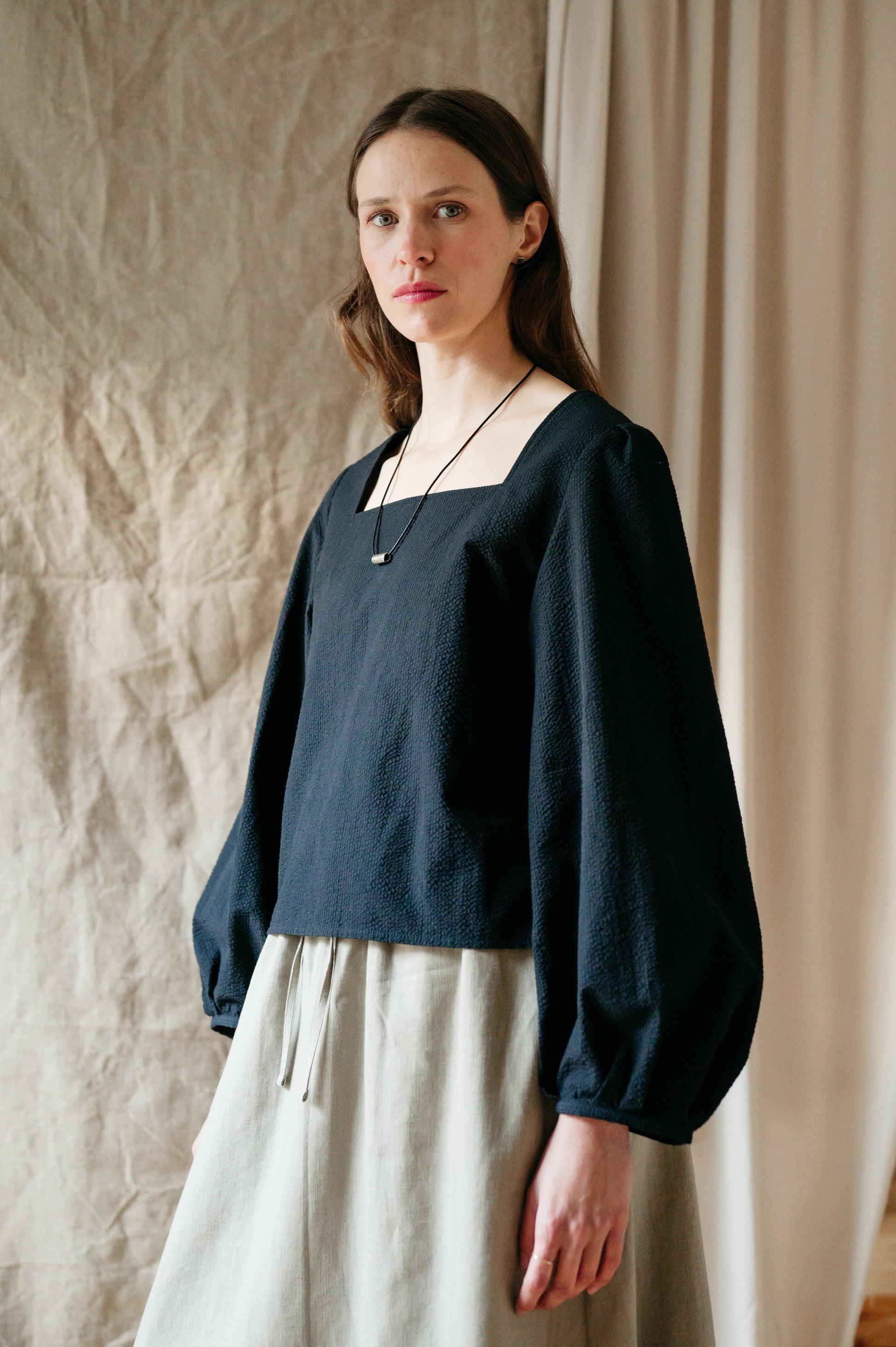 Atwin - Square Neck Blouse In Black Seersucker | Handmade clothing UK