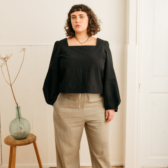 Atwin The Label Square Neck Blouse In Black Seersucker | Ethical handmade fashion