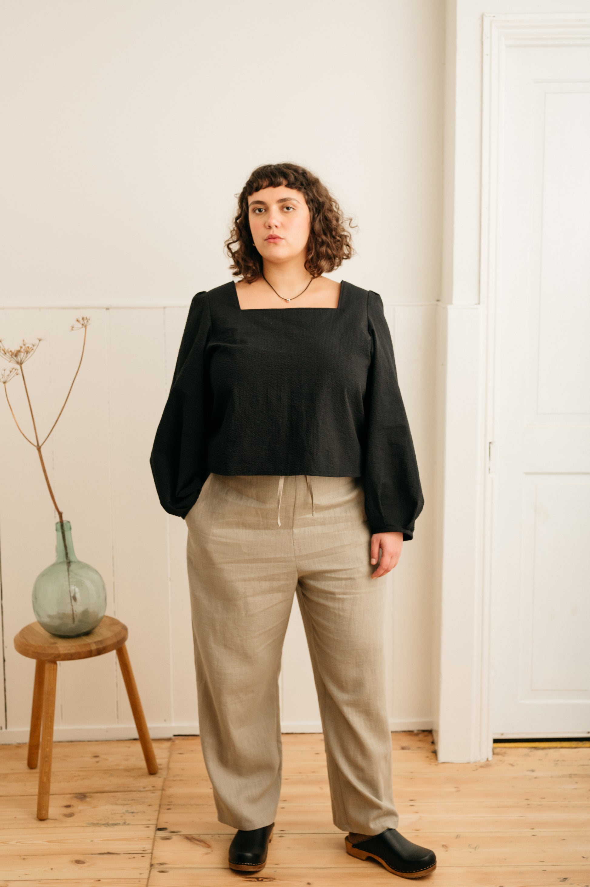 Atwin The Label Square Neck Blouse In Black Seersucker | Ethical handmade fashion