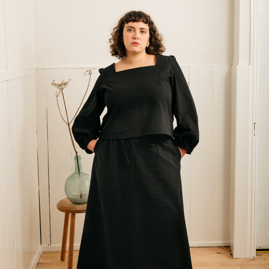 Atwin The Label Square Neck Blouse In Black Seersucker | Handmade in Norfolk