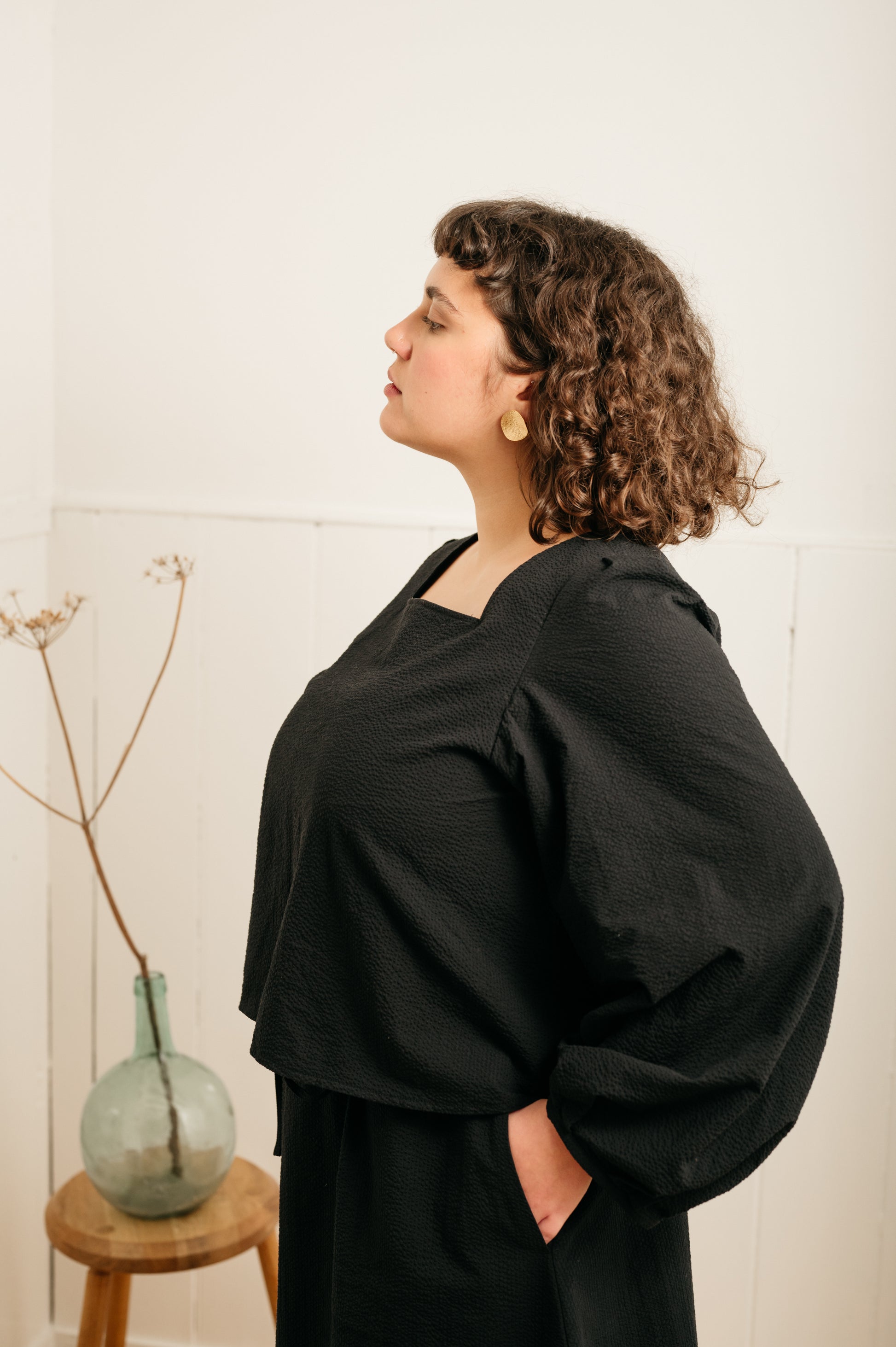 Atwin - Square Neck Blouse In Black Seersucker | Atwin Store UK