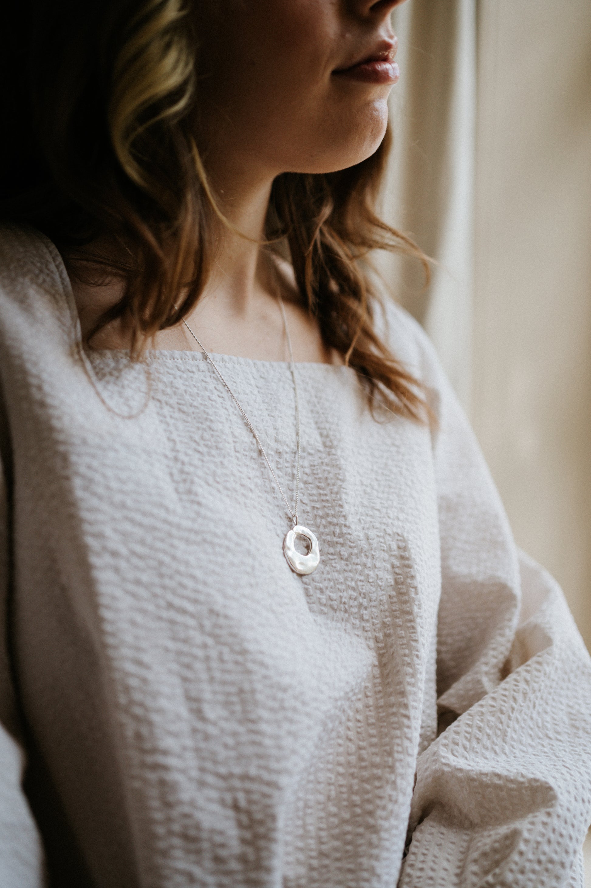 close up of seersucker square neck blouse by atwin the label