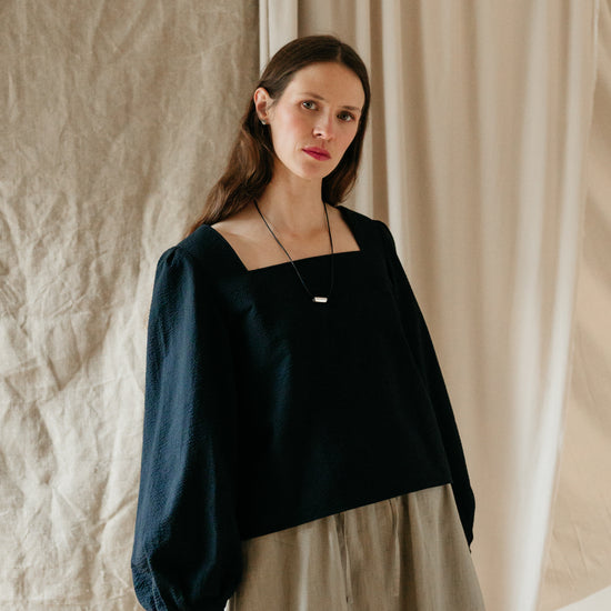 Atwin - Square Neck Blouse In Black Seersucker | Atwin Store UK