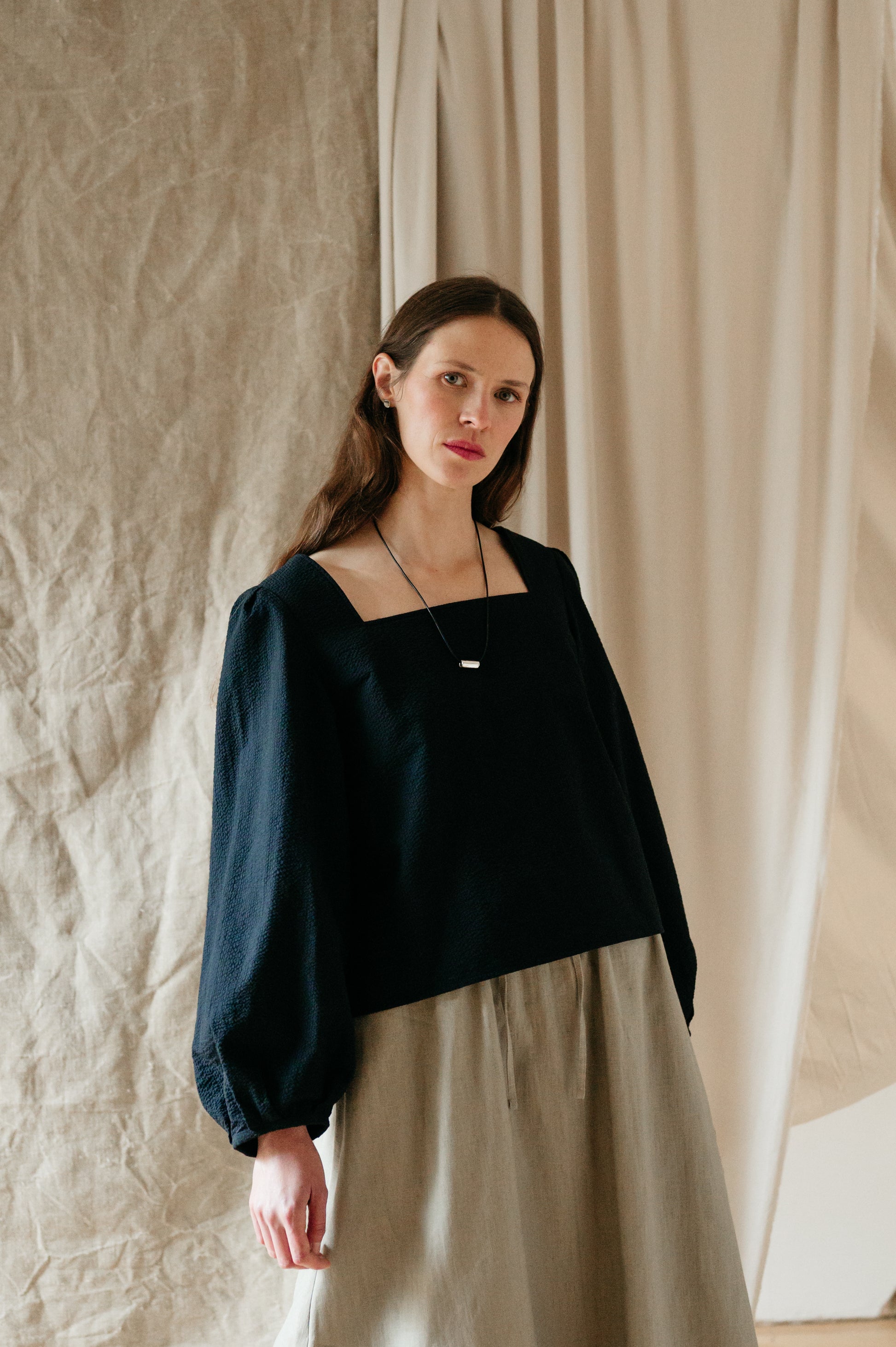 Atwin - Square Neck Blouse In Black Seersucker | Atwin Store UK