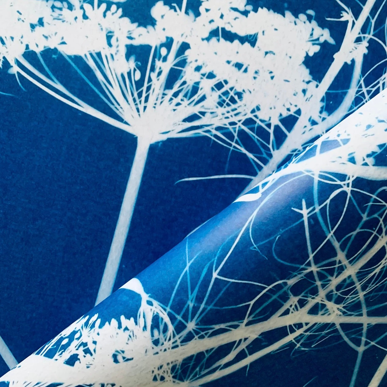 White floral pattern on blue fabric