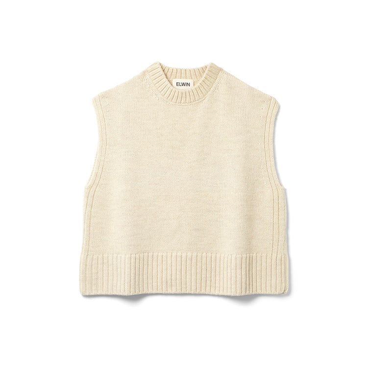 British cream wool knitted vest with a crew neck in a boxy fit on a white background