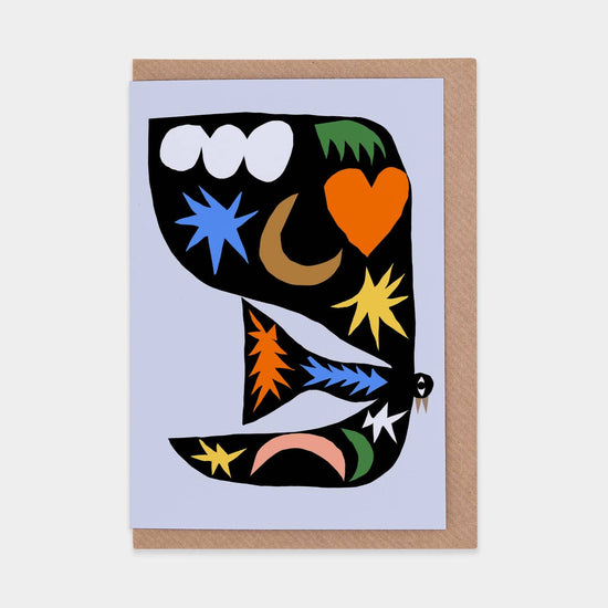 Greeting card with abstract design featuring colorful shapes on a light blue background