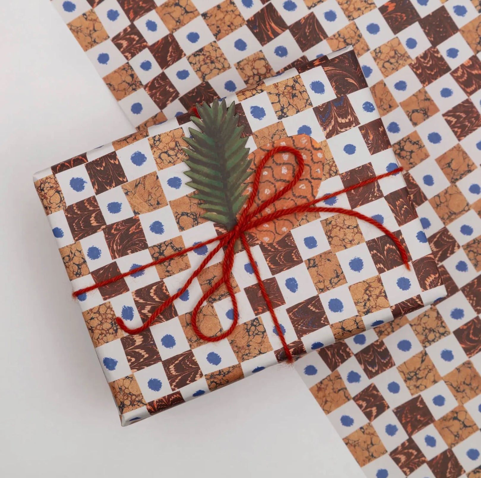 Gift wrapped in patterned paper with red string and a green leaf on a white background