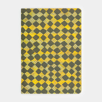 A5 sketchbook with a geometric diamond pattern in yellow and black on the cover.