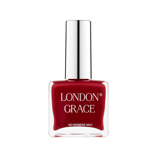 Red nail polish bottle with silver cap on a white background, featuring 'London Grace' branding.