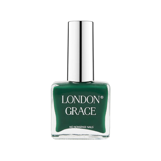 Green nail polish bottle with silver cap on a white background, featuring 'London Grace' branding.