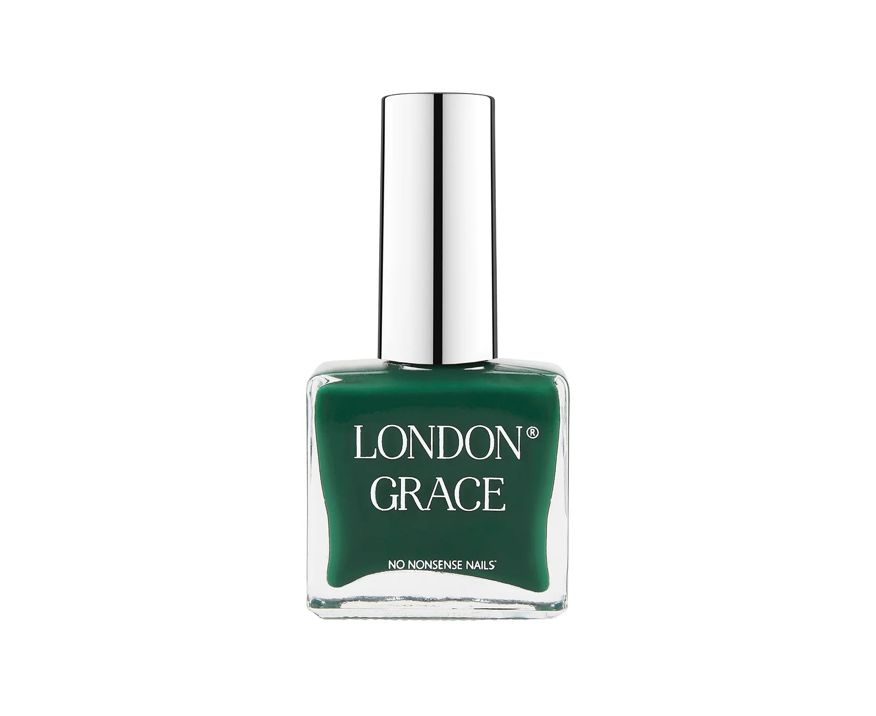 Green nail polish bottle with silver cap on a white background, featuring 'London Grace' branding.