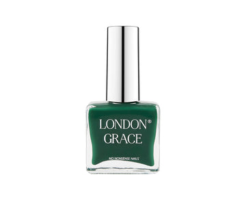 Green nail polish bottle with silver cap on a white background, featuring 'London Grace' branding.