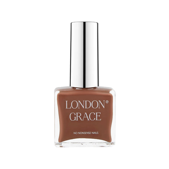 A bottle of London Grace mocha brown nail varnish with a silver cap.