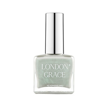 A bottle of London Grace nail varnish in a grey green color with an iridescent shimmer.