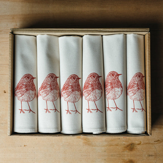 A box of napkins with robins on them printed in red