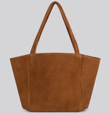 Brown suede tote bag with long handles  on a light gray background