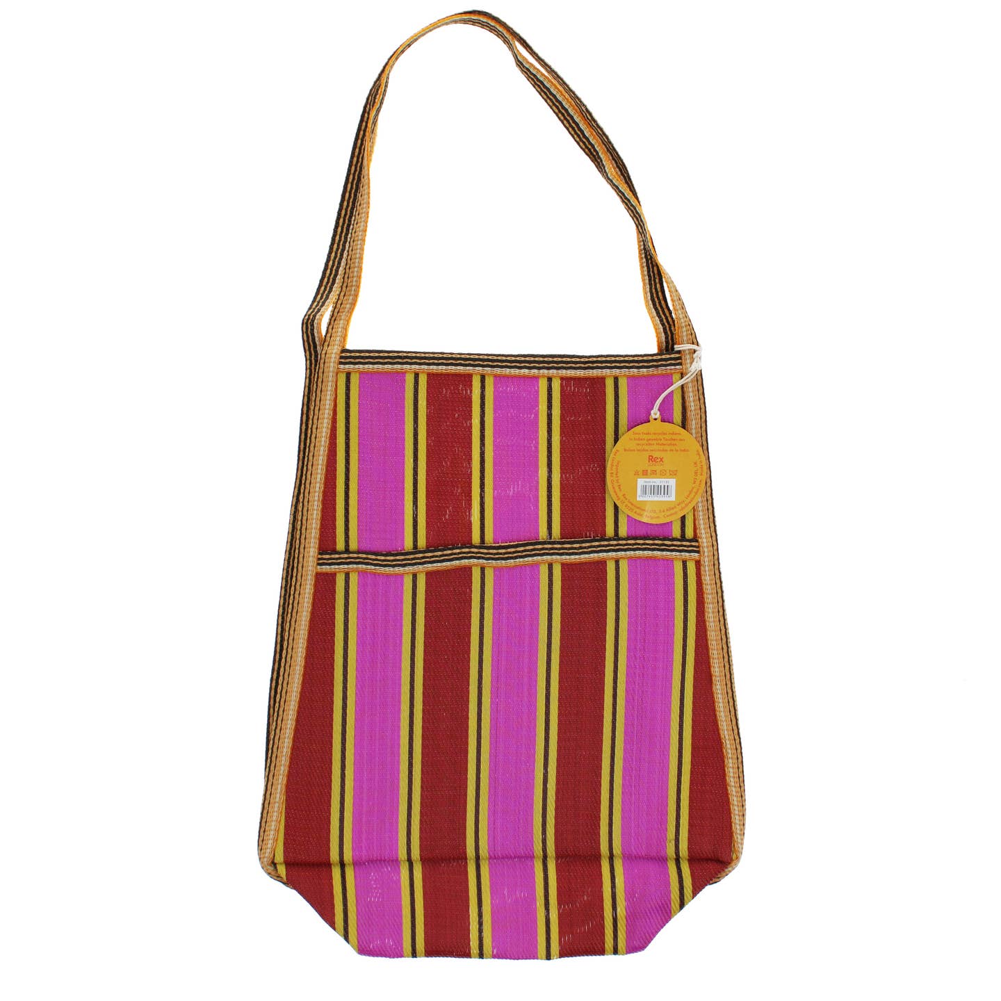Striped handbag with a visible brand tag on a white background