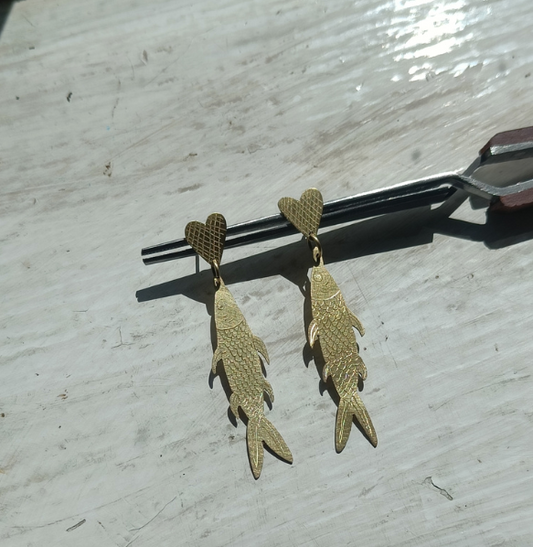 Kano - Brass Fish Engraved Earrings