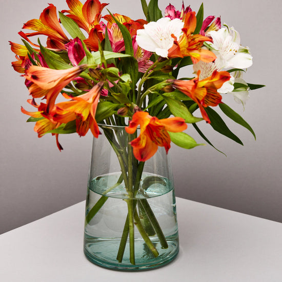 Clear glass vase with colorful flowers on a neutral background