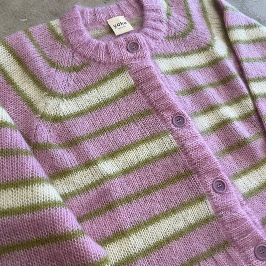 Striped purple and green cardigan with 'Yoko' label on a neutral background