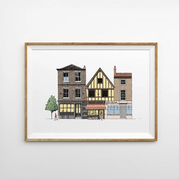 Illustrated print of Tombland in Norwich with some local iconic architecture on a white background. Framed horizontally with a thin light wooden frame on a light grey background