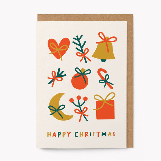 Christmas-themed greeting card with colorful illustrations on a white background