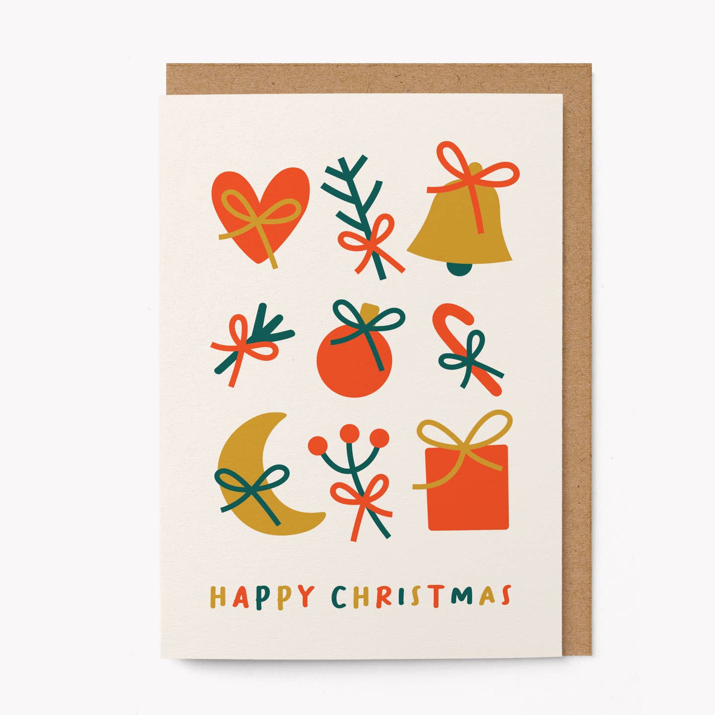 Christmas-themed greeting card with colorful illustrations on a white background