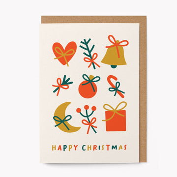 Christmas-themed greeting card with colorful illustrations on a white background
