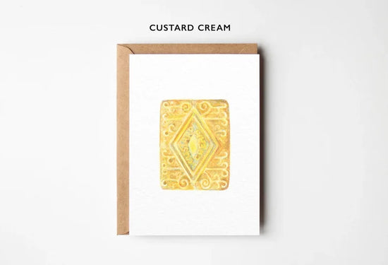 Yellow custard cream on a white background with 'Custard Cream' text above.