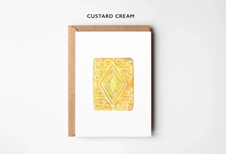 Yellow custard cream on a white background with 'Custard Cream' text above.