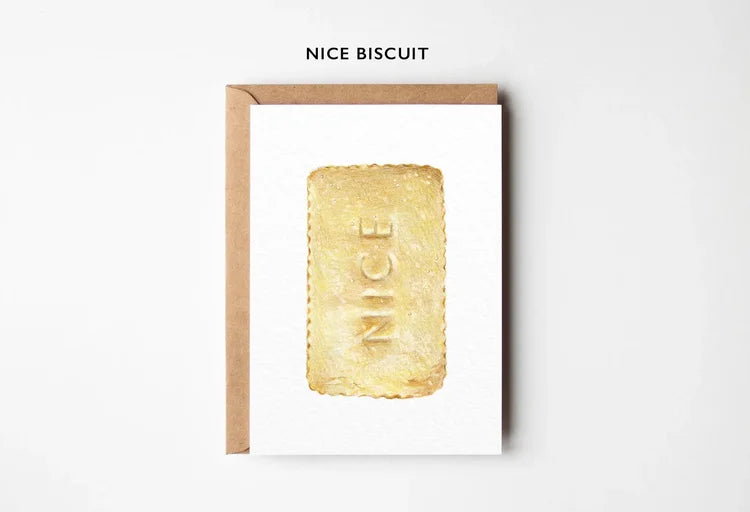 Biscuit greetings card with 'NICE' text on a white background