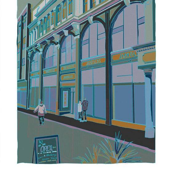 An A4 satin print featuring a colorful illustration of Jarrolds Department Store in Norwich, printed on 260gsm Pro Satin paper.