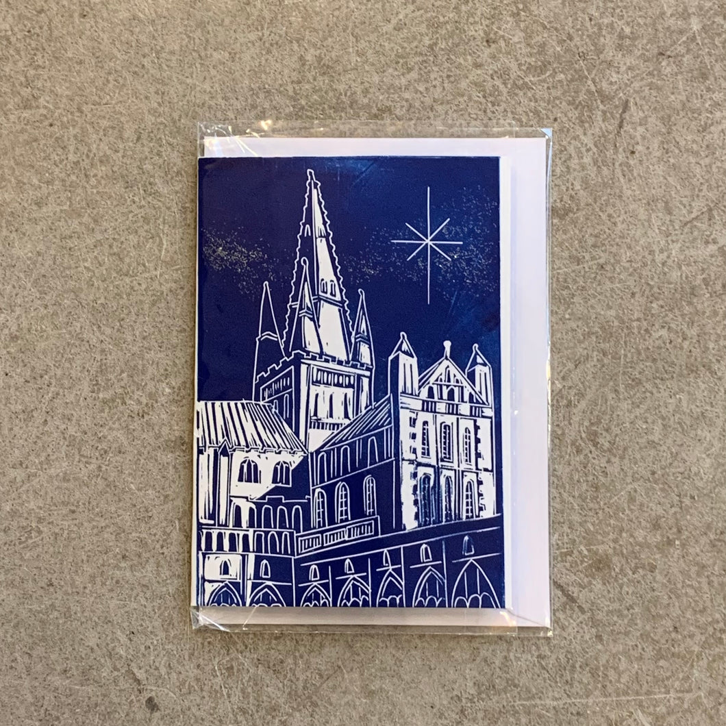 Bosanko Prints - Norwich Cathedral Lino Print Christmas Card Navy