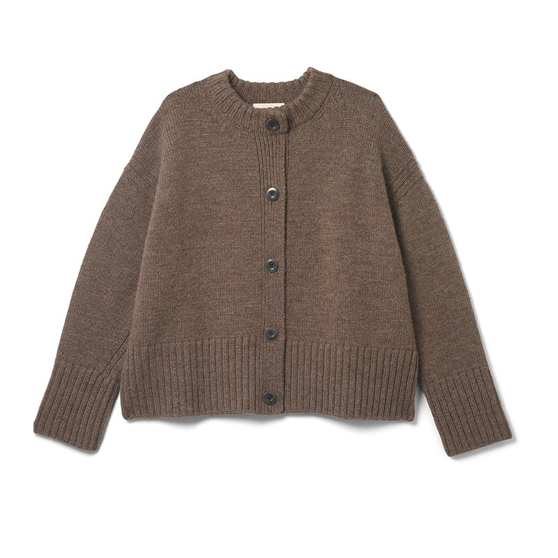 Elwin - Knitted Crew Neck Cardigan In Peat