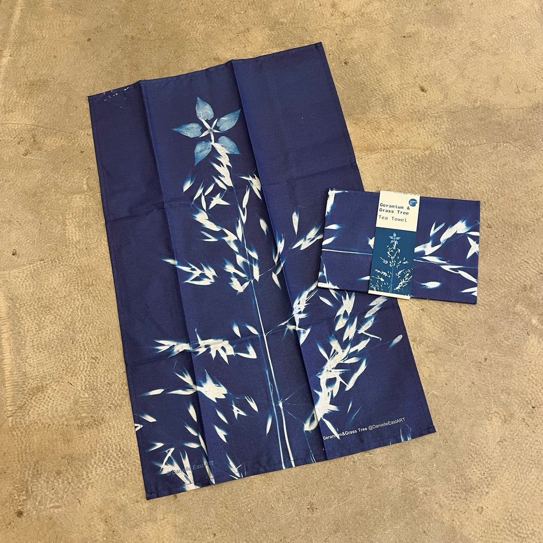 Danielle East - Cyanotype Geranium & Grass Tree Tea Towel