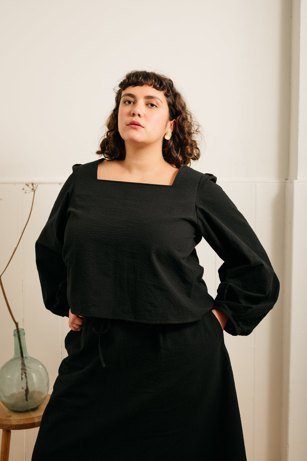 Atwin - Square Neck Blouse In Black Seersucker | Atwin Store UK