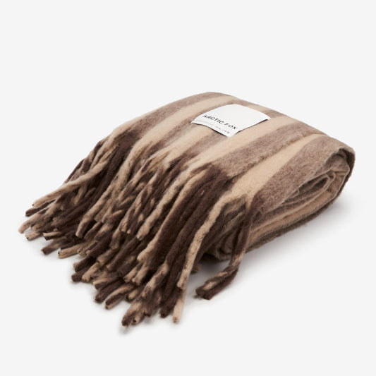 A striped brown blanket on a white background