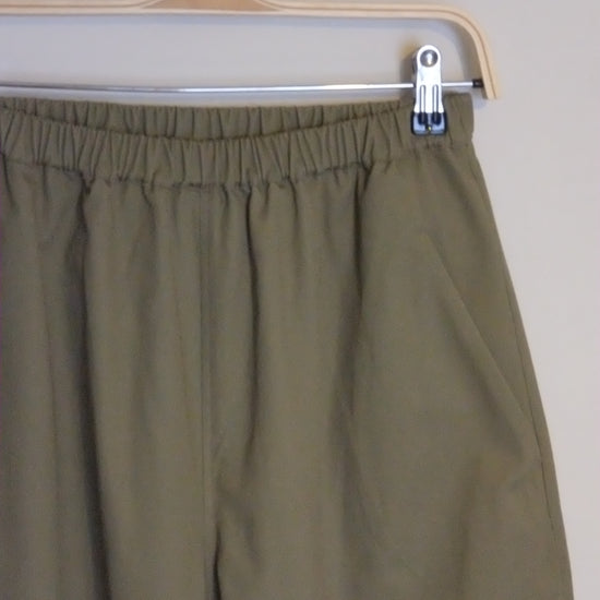 Green pants on a hanger against a neutral background