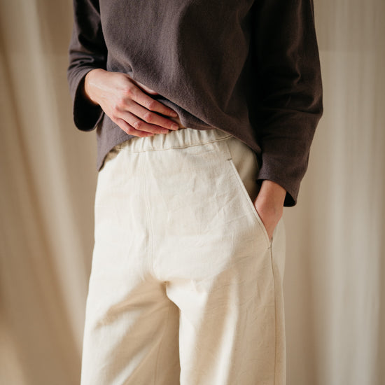 Close-up of waistband and pockets on denim trousers