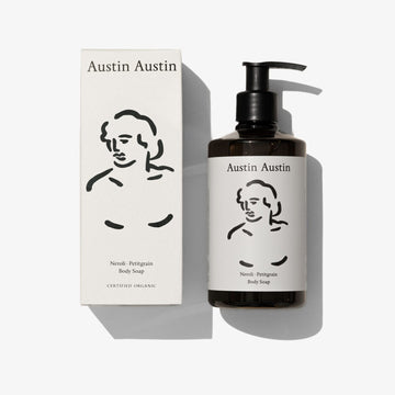Austin Austin body soap bottle and packaging on a white background