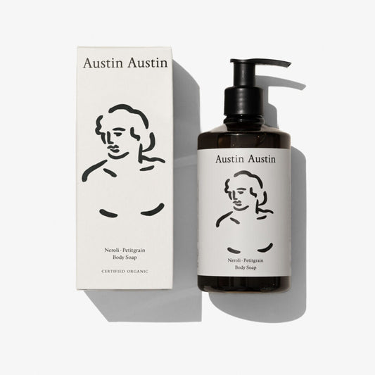 Austin Austin body soap bottle and packaging on a white background
