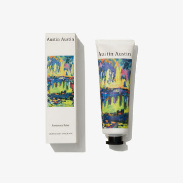Austin Austin hand balm with colorful design and matching box on a white background