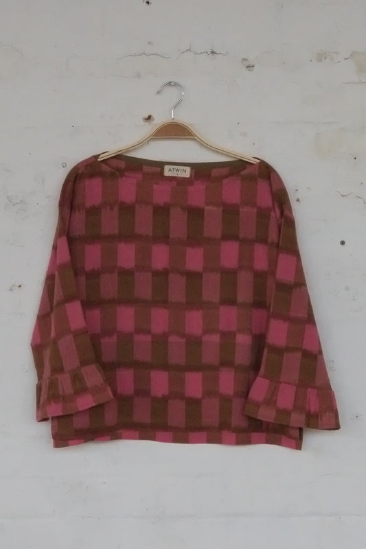 Atwin The Label - The Frill Sleeve Smock In Pink Ikat Cotton