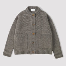 Load image into Gallery viewer, Grey knitten british wool cardigan on a white background
