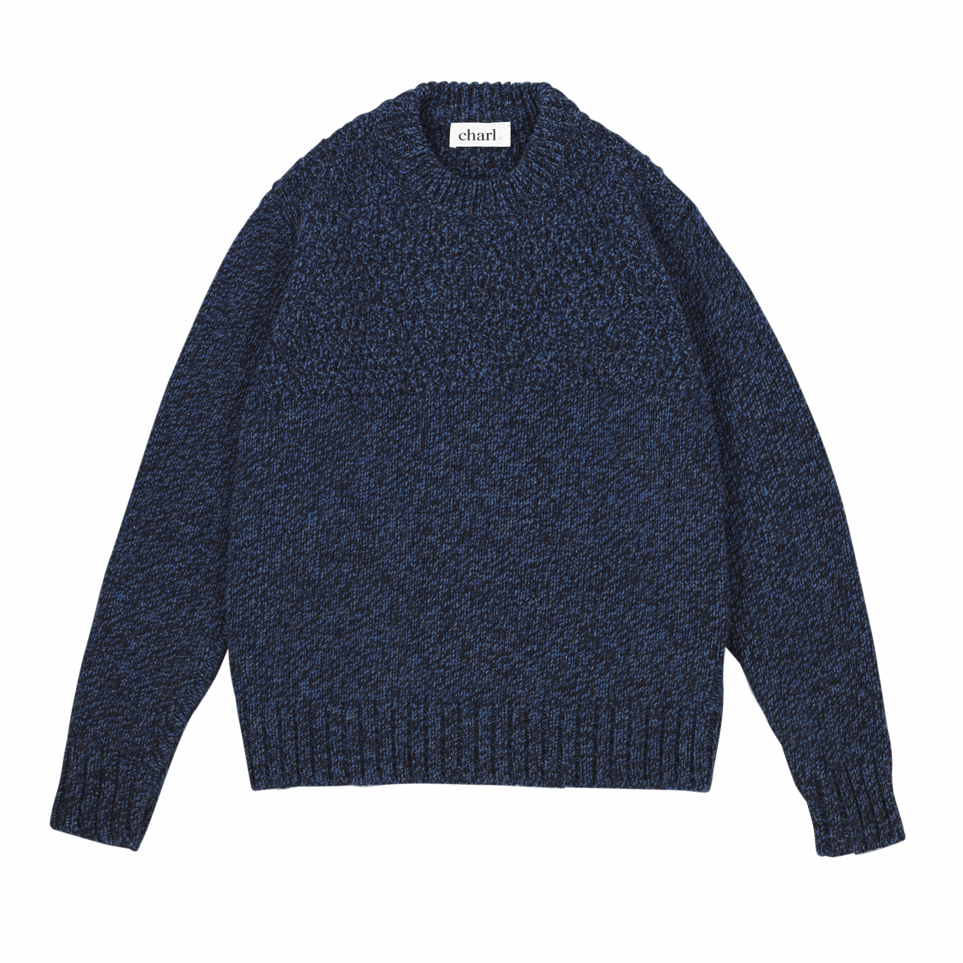 Blue knitted sweater with a brand label on a white background